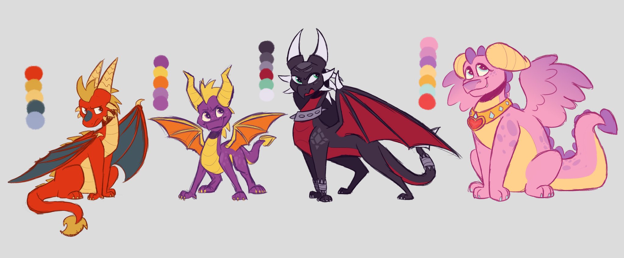 Spyro for Artisans, Cynder for Magic Crafters, Flame for Peace Keepers and Ember for Dream Weavers. Just need an OC dragon for the Beast Makers and the set will be complete.
Art by MadameMongoose on twitter, click that link and support the artist. Individual pictures of each dragon are also available.