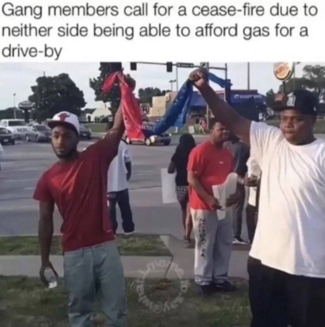 Gang members call for a cease-fire due to neither side being able to afford gas for a drive-by ma