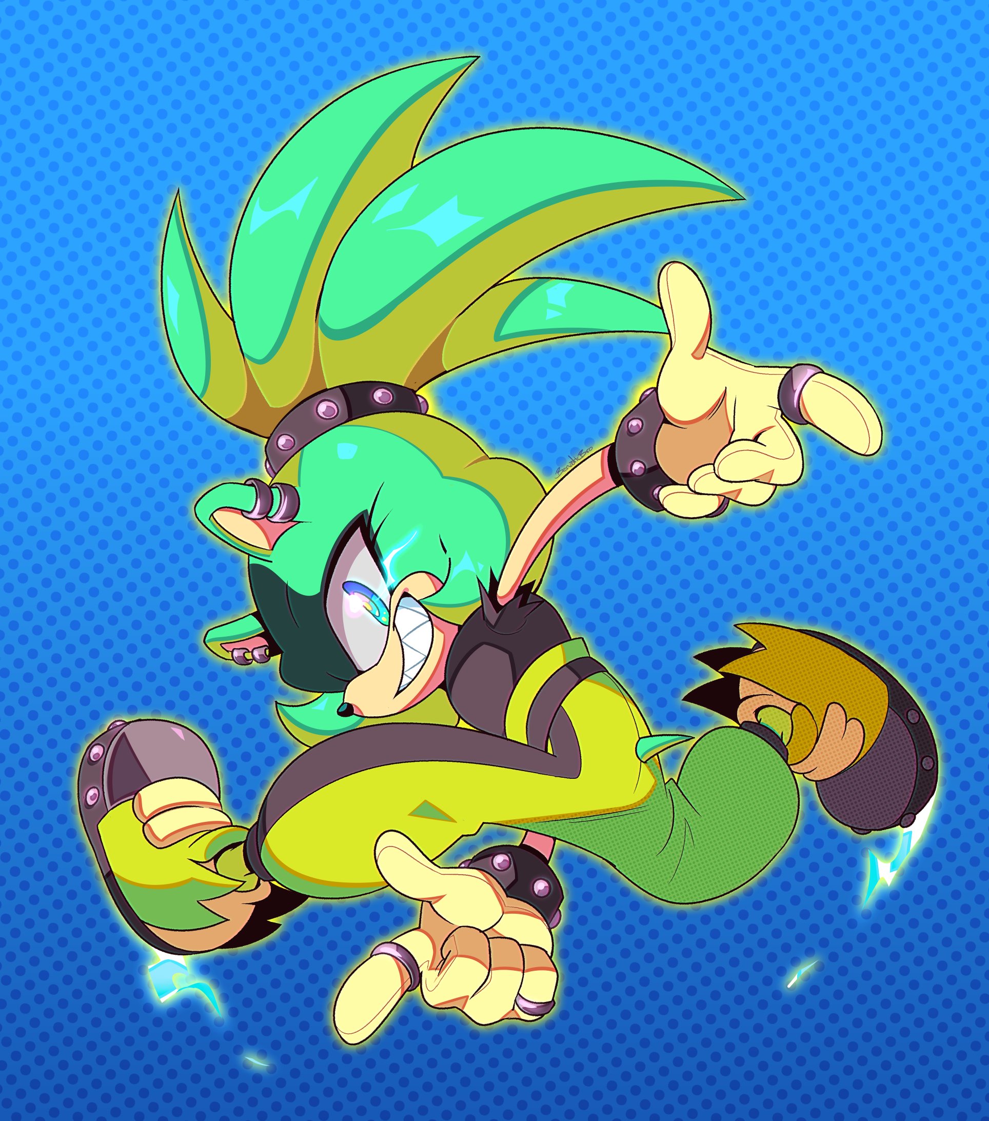 For those out of the loop, she's based off an old Sonic 2 glitch that caused Sonic to turn into this mesh of green with a black stripe that the discoverer of the glitch named, "Ashura the hedgehog". 
<img src="https://www.planete-sonic.com/IMG/artoff180.png" height="200">
After countless fanarts and decades later this glitch character would end up inspiring two characters for the comics. Scourge, more to say Ashura inspired the new green look for this evil version of Sonic in the Archie Sonic comics, alongside directly inspiring Surge here.