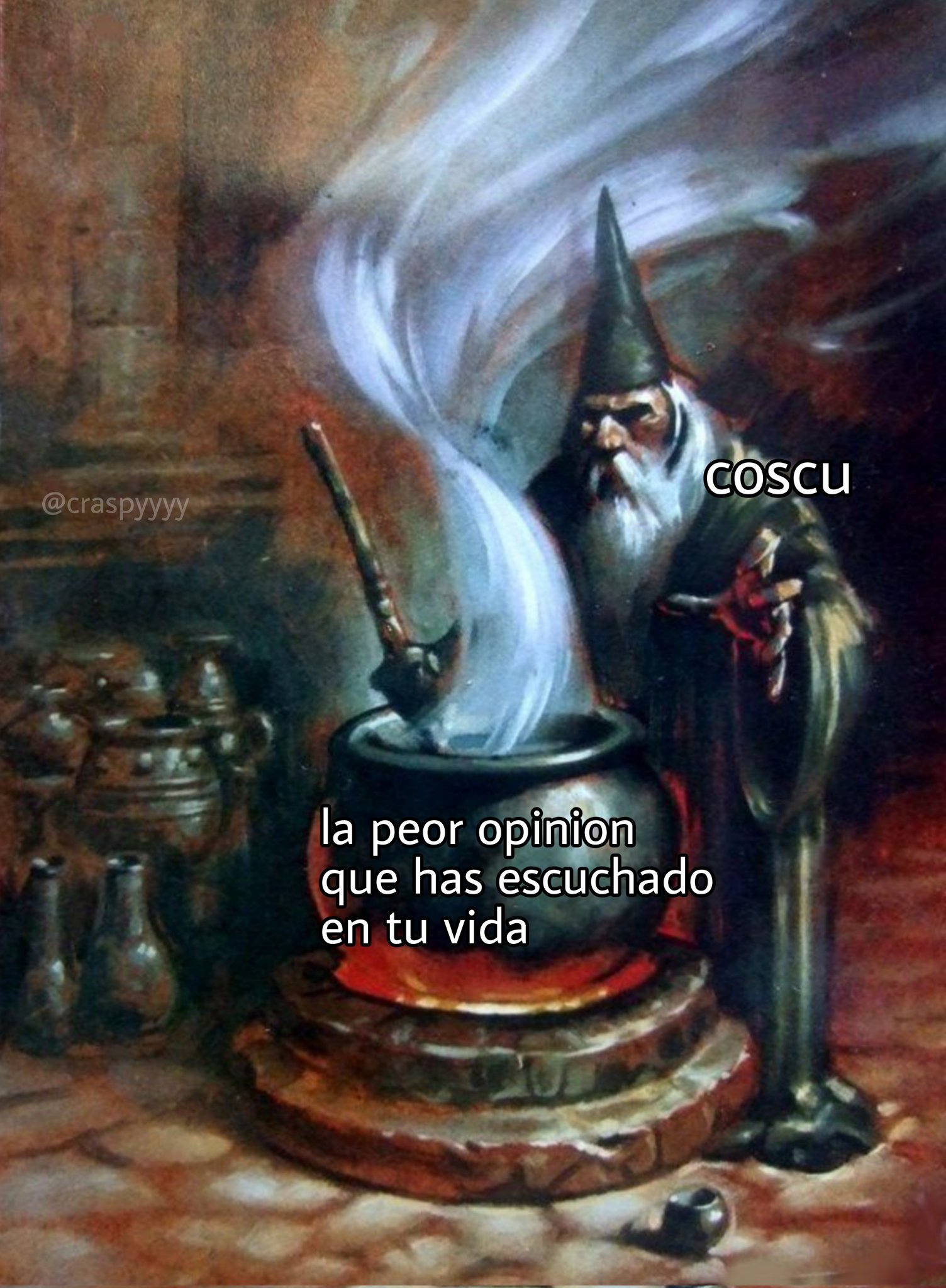 The original source of the painting seems to be <i><a href="https://www.deviantart.com/spoof-or-not-spoof/art/Wizard-115484755">Wizard</a></i> by spoof-or-not-spoof. Coscu is a famous Argentine Twitch streamer, and is infamous for having really s----- opinions.
<blockquote class="twitter-tweet"><p lang="es" dir="ltr">QUE FE QUE LE TENGO A ALBERTO LPM</p>&mdash; Coscu (@Martinpdisalvo) <a href="https://twitter.com/Martinpdisalvo/status/1205595354575581186?ref_src=twsrc%5Etfw">December 13, 2019</a></blockquote> <script async src="https://platform.twitter.com/widgets.js" charset="utf-8"></script> 