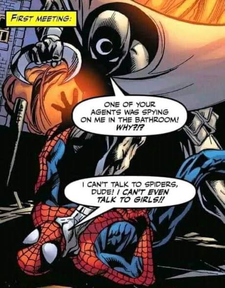 Edited comic panel from: Ultimate Spider-Man #80 (2000)

Excerpt here - <a href="https://panels-of-interest.tumblr.com/post/158718117125/moon-knight-vs-spider-man-from-ultimate">Tumblr - panels-of-interest</a>