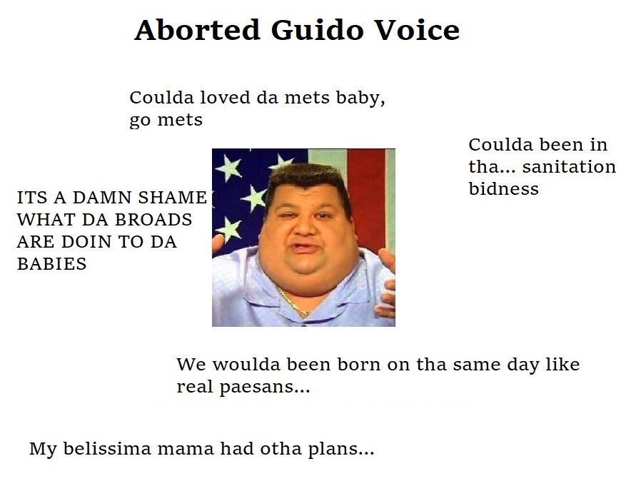 Aborted G---- Voice Coulda loved da mets baby, go mets Coulda been in tha... sanitation bidness ITS A DAMN SHAME WHAT DA BROADS ARE DOIN TO DA BABIES We woulda been born on tha same day like real paesans... My belissima mama had otha plans...