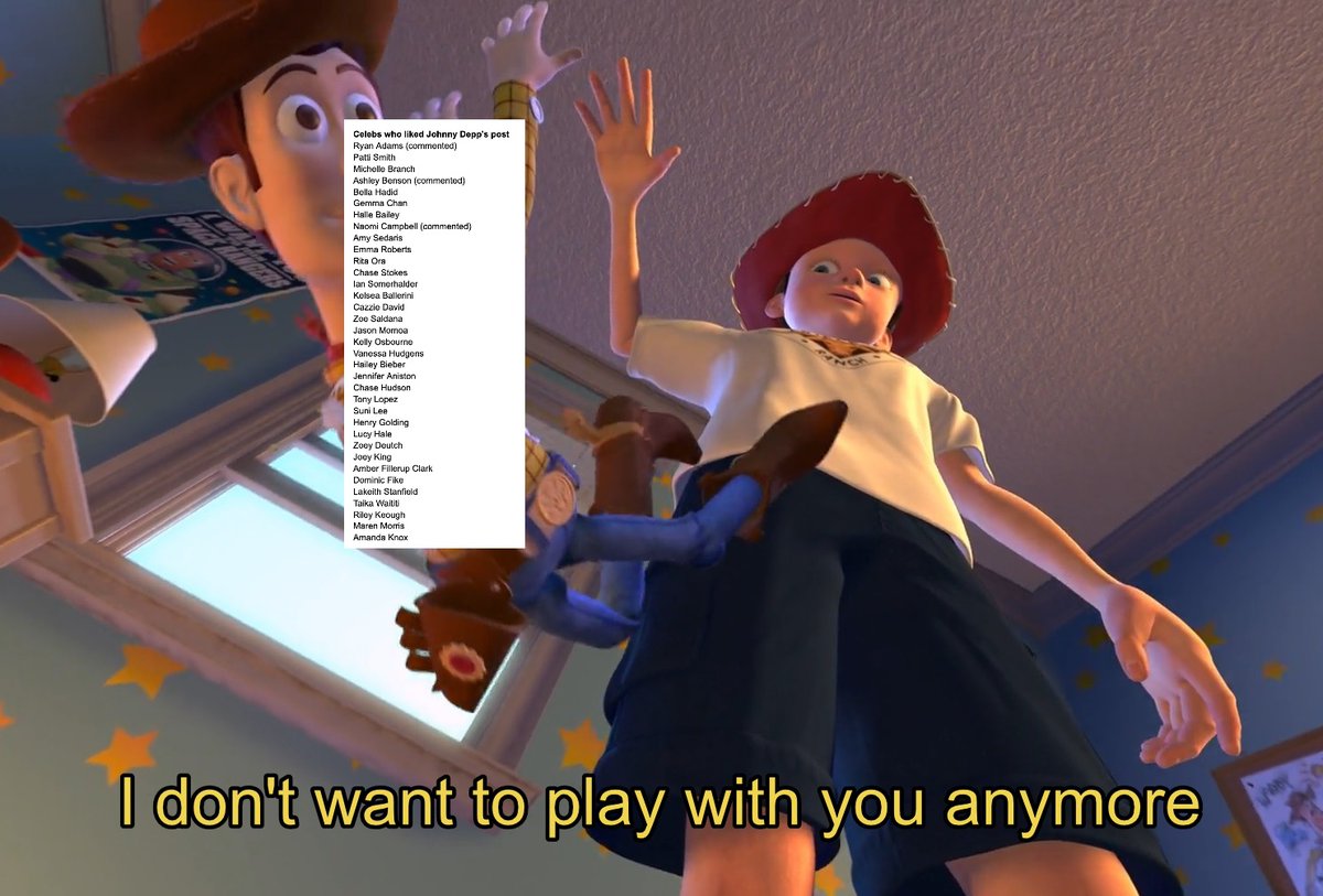 Celebs who liked Johnny Depp's post Ryan Adams (commented) Patti Smith Michelle Branch Ashley Benson (commented) Bella Hadid Gemma Chan Halle Bailey Naomi Campbell (commented) Amy S Sedaris Emma Roberts Rita Ora Chase Stokes Ian Somerhalder Kolsea Ballerini Cazzie David Zoe Saldana Jason Momoa Kelly Osbourne Vanessa Hudgens Hailey Bieber Jennifer Aniston Chase Hudson Tony Lopez Suni Lee Henry Golding Lucy Hale Zoey Deutch Joey King Amber Fillerup Clark Dominic Fike Lakeith Stanfield Taika Waititi Riley Keough Maren Morris Amanda Knox I don't want to play with you anymore