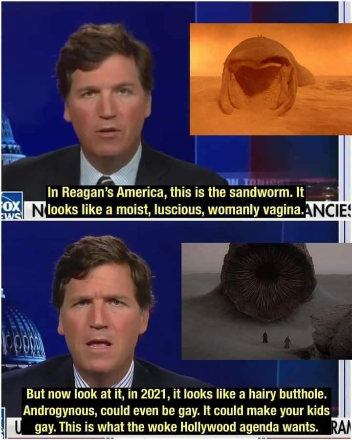 W TONICE In Reagan's America, this is the sandworm. It OX N looks like a moist, luscious, womanly vagina. ANCIE! EWSI But now look at it, in 2021, it looks like a hairy butthole. Androgynous, could even be gay. It could make your kids U gay. This is what the woke Hollywood agenda wants. RAM