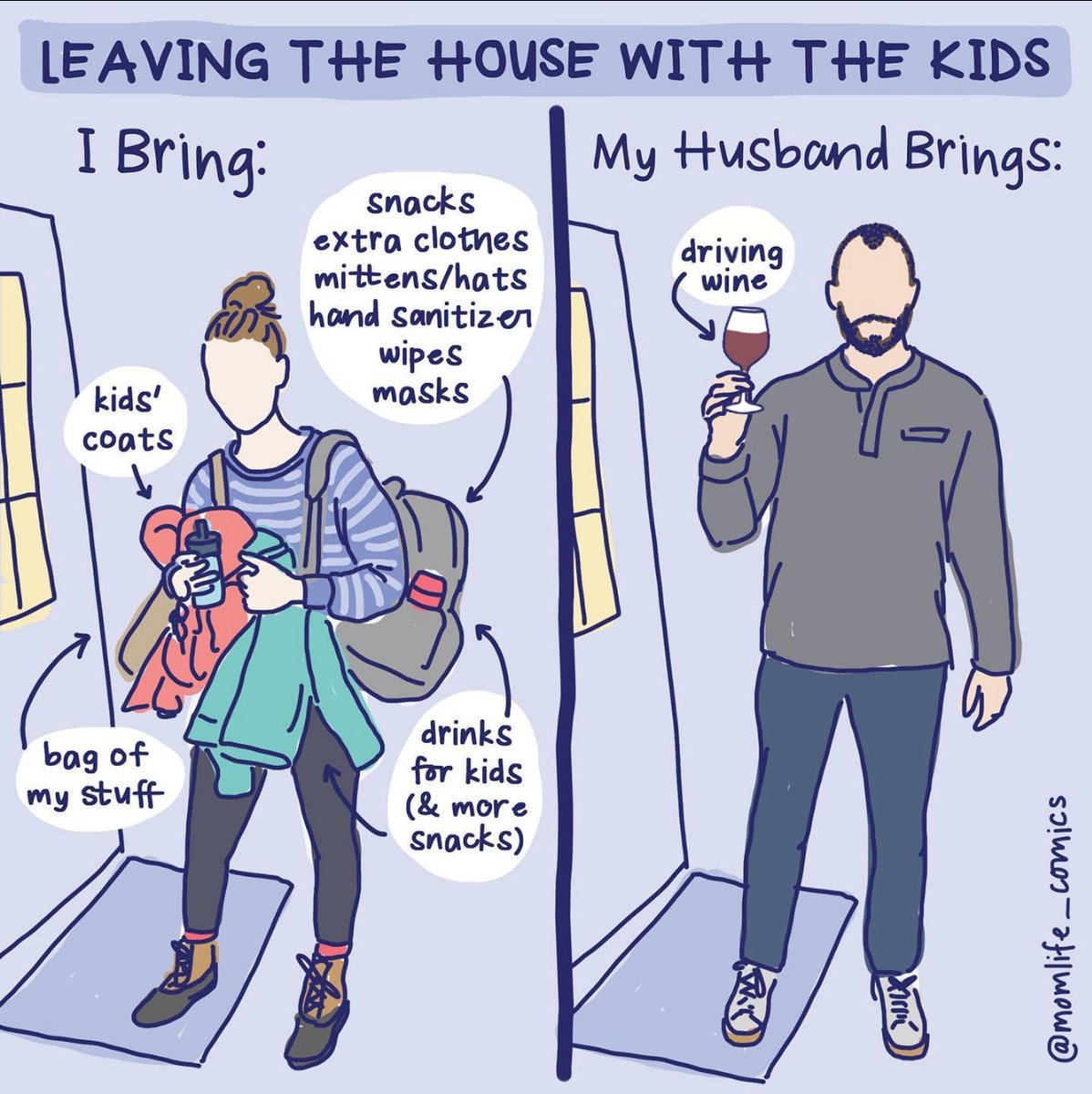 LEAVING THE HOUSE WITH THE KIDS I Bring: My Husband Brings: kids' coats bag of my stuff snacks extra clothes mittens/hats hand sanitizen wipes masks drinks for kids (& more snacks) driving wine @momlife_comics