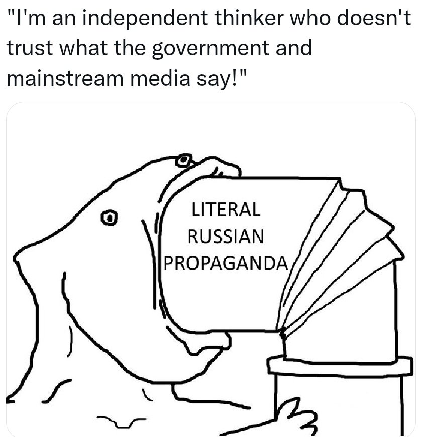 "I'm an independent thinker who doesn't trust what the government and media say!" mainstream LITERAL RUSSIAN PROPAGANDA