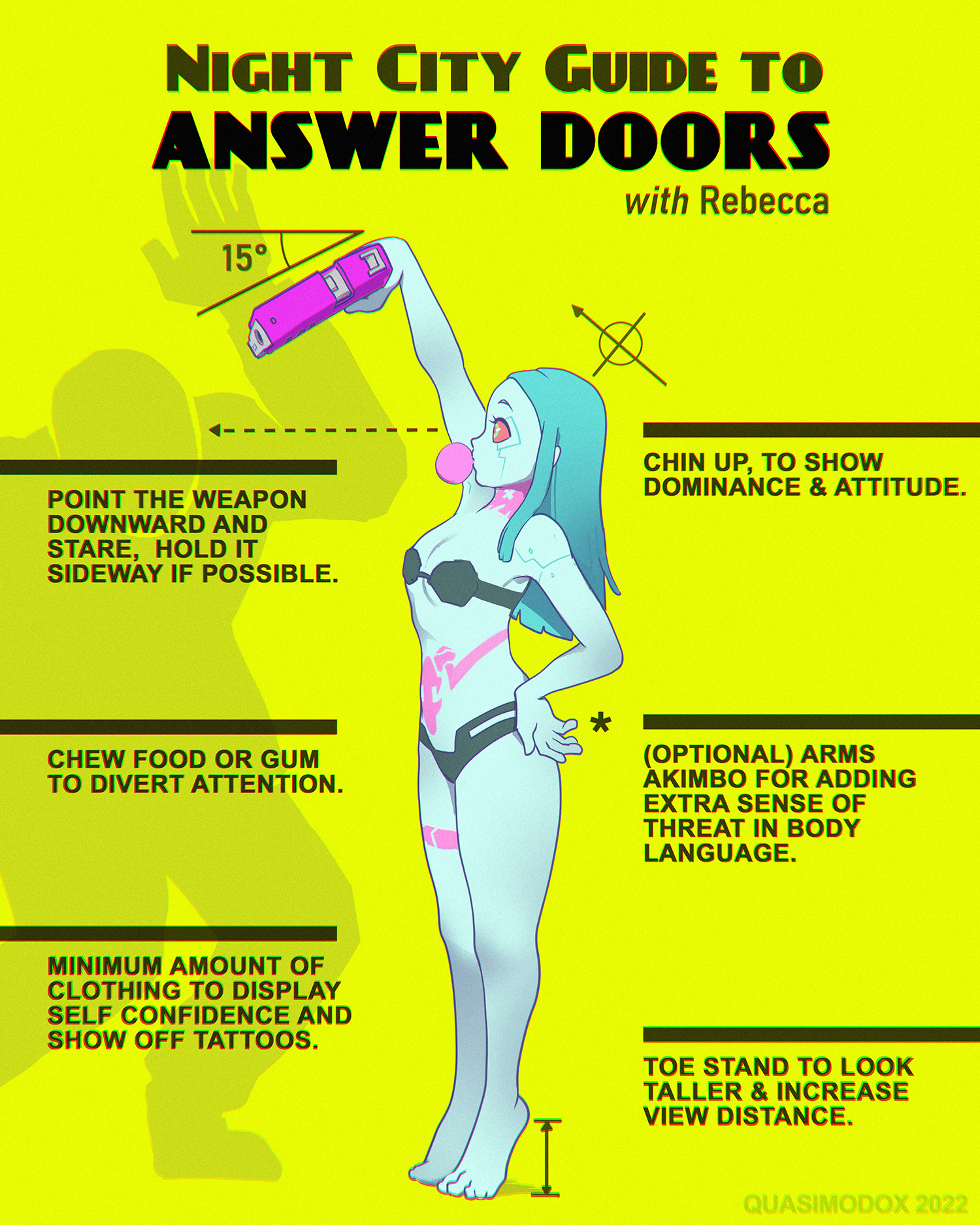 NIGHT CITY GUIDE TO ANSWER DOORS with Rebecca 15° POINT THE WEAPON DOWNWARD AND STARE, HOLD IT SIDEWAY IF POSSIBLE. CHEW FOOD OR GUM TO DIVERT ATTENTION. MINIMUM AMOUNT OF CLOTHING TO DISPLAY SELF CONFIDENCE AND SHOW OFF TATTOOS. D * CHIN UP, TO SHOW DOMINANCE & ATTITUDE. (OPTIONAL) ARMS AKIMBO FOR ADDING EXTRA SENSE OF THREAT IN BODY LANGUAGE. TOE STAND TO LOOK TALLER & INCREASE VIEW DISTANCE. QUASIMODOX 2022