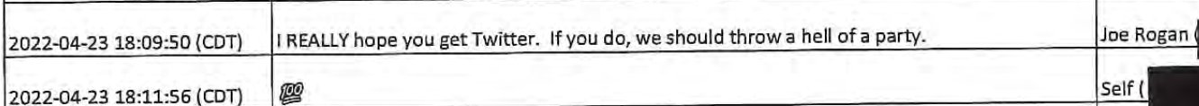 2022-04-23 18:09:50 (CDT) I REALLY hope you get Twitter. If you do, we should throw a hell of a party. 2022-04-23 18:11:56 (CDT) 100 Joe Rogan Self (