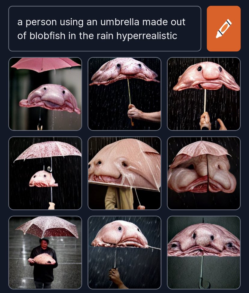 a person using an umbrella made out of blobfish in the rain hyperrealistic ID