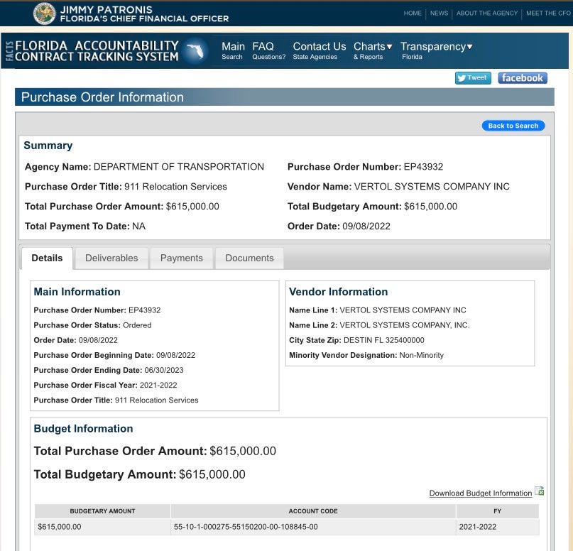 FACTS JIMMY PATRONIS FLORIDA'S CHIEF FINANCIAL OFFICER FLORIDA ACCOUNTABILITY CONTRACT TRACKING SYSTEM Purchase Order Information Summary Agency Name: DEPARTMENT OF TRANSPORTATION Purchase Order Title: 911 Relocation Services Total Purchase Order Amount: $615,000.00 Total Payment To Date: NA Details Deliverables Payments Documents Main Information Purchase Order Number: EP43932 Purchase Order Status: Ordered Order Date: 09/08/2022 Purchase Order Beginning Date: 09/08/2022 Purchase Order Ending Date: 06/30/2023 Purchase Order Fiscal Year: 2021-2022 Purchase Order Title: 911 Relocation Services Main FAQ Contact Us Charts Transparency Search Questions? State Agencies & Reports Budget Information Total Purchase Order Amount: $615,000.00 Total Budgetary Amount: $615,000.00 BUDGETARY AMOUNT $615,000.00 HOME NEWS ABOUT THE AGENCY MEET THE CFO ACCOUNT CODE Florida 55-10-1-000275-55150200-00-108845-00 Tweet Vendor Information Name Line 1: VERTOL SYSTEMS COMPANY INC Name Line 2: VERTOL SYSTEMS COMPANY, INC. City State Zip: DESTIN FL 325400000 Minority Vendor Designation: Non-Minority Purchase Order Number: EP43932 Vendor Name: VERTOL SYSTEMS COMPANY INC Total Budgetary Amount: $615,000.00 Order Date: 09/08/2022 facebook Back to Search Download Budget Information FY 2021-2022