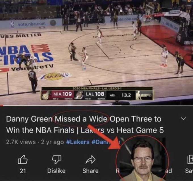 vote.nba.com VES MATTER NBA S FINALS YoureTV MIA 109 TO: O BONUS 21 2020 NBA FINALS-LAL LEAD 3-1 Danny Green Missed a Wide Open Three to Win the NBA Finals | Lars vs Heat Game 5 2.7K views 2 yr ago #Lakers #Dani • Dislike ote.nba.com LAL 108 4th 13.2 TO:0 BONUS Share R ad < Sa