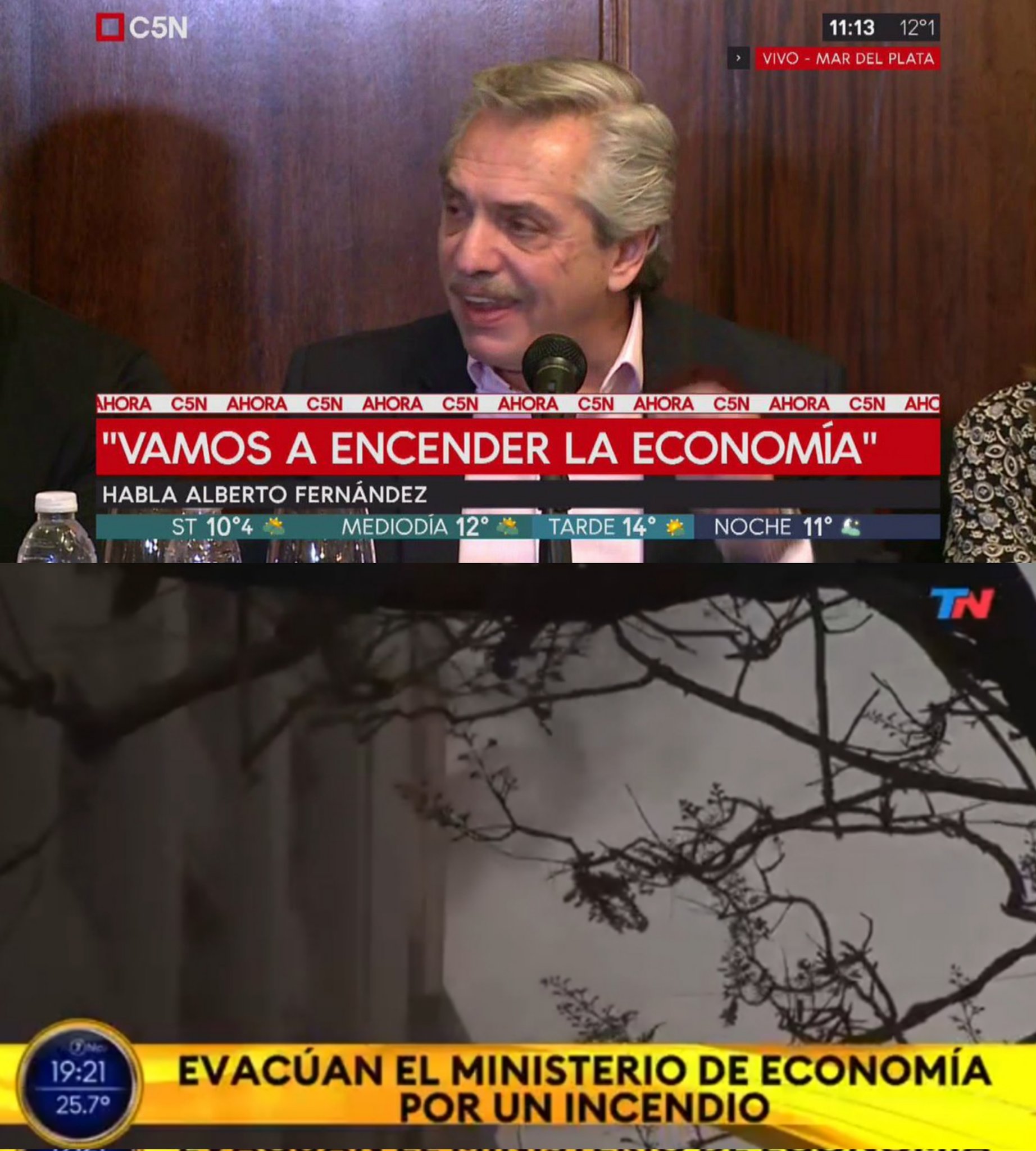 The screenshots says:
1. Alberto Fernández: "We're going to turn on (<i>encender</i>) the economy"
2. The government orders an evacuation of the ministry of economy due to a fire.
<i>encender</i> in Spanish has many meanings, two of them being:
1. turning on something.
2. burn something.