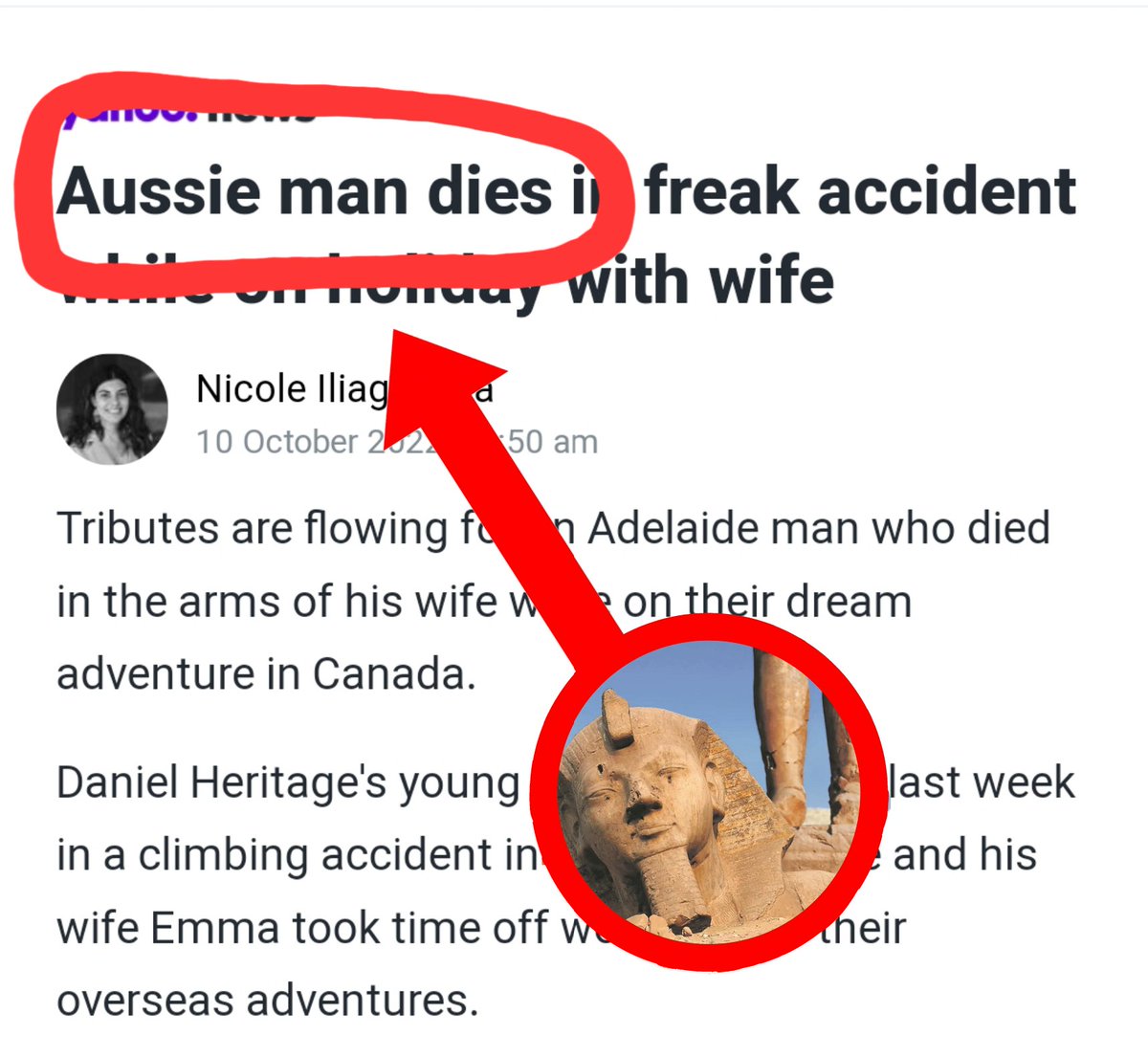 Aussie man dies it freak accident honday with wife Nicole Iliaq 10 October 202 50 am Tributes are flowing fon Adelaide man who died in the arms of his wife won their dream adventure in Canada. Daniel Heritage's young in a climbing accident in wife Emma took time off w overseas adventures. last week and his their