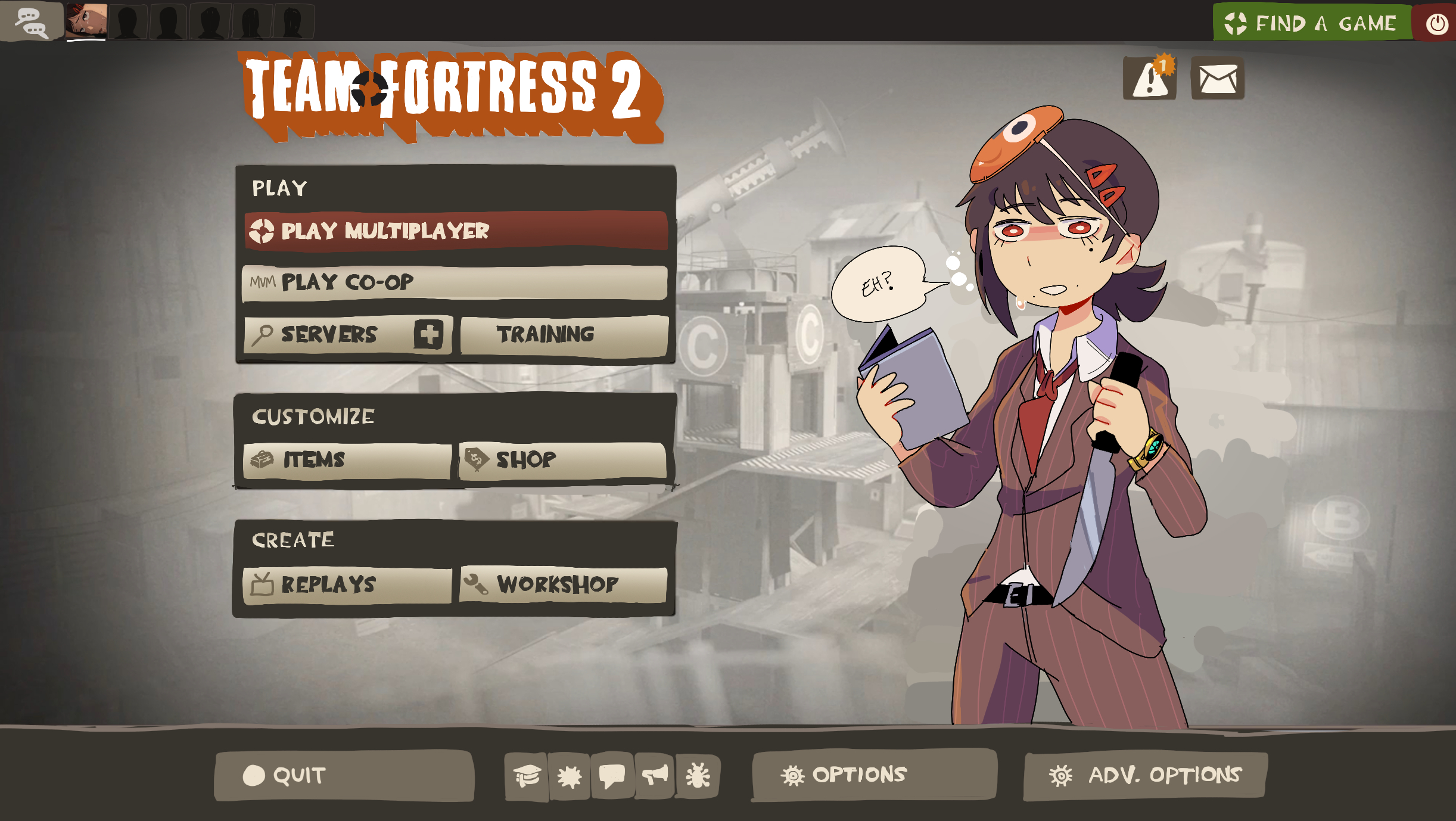 QU TEAM FORTRESS 2 PLAY PLAY MULTIPLAYER MVM PLAY CO-OP SERVERS CUSTOMIZE ITEMS CREATE REPLAYS QUIT '6 TRAINING SHOP a WORKSHOP AC C EH? OPTIONS ET A ADV. OPTIONS FIND A GAME