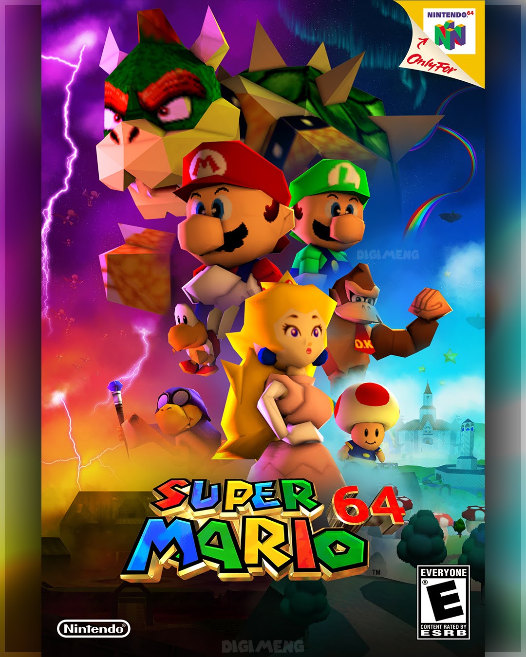 A modern Super Mario 64 cover in style of theatrical poster of the