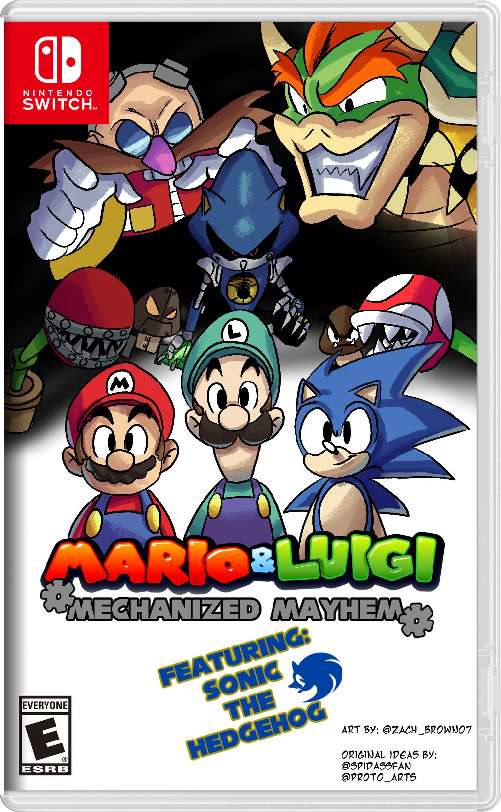 1. NINTENDO SWITCHTM € ⑤ MARIO LUIGI MECHANIZED MAYHEM EVERYONE E ESRB FEATURING: SONIC THE HEDGEHOG ART BY: @ZACH_BROWN07 ORIGINAL IDEAS BY: @SPIDASSFAN @PROTO_ARTS