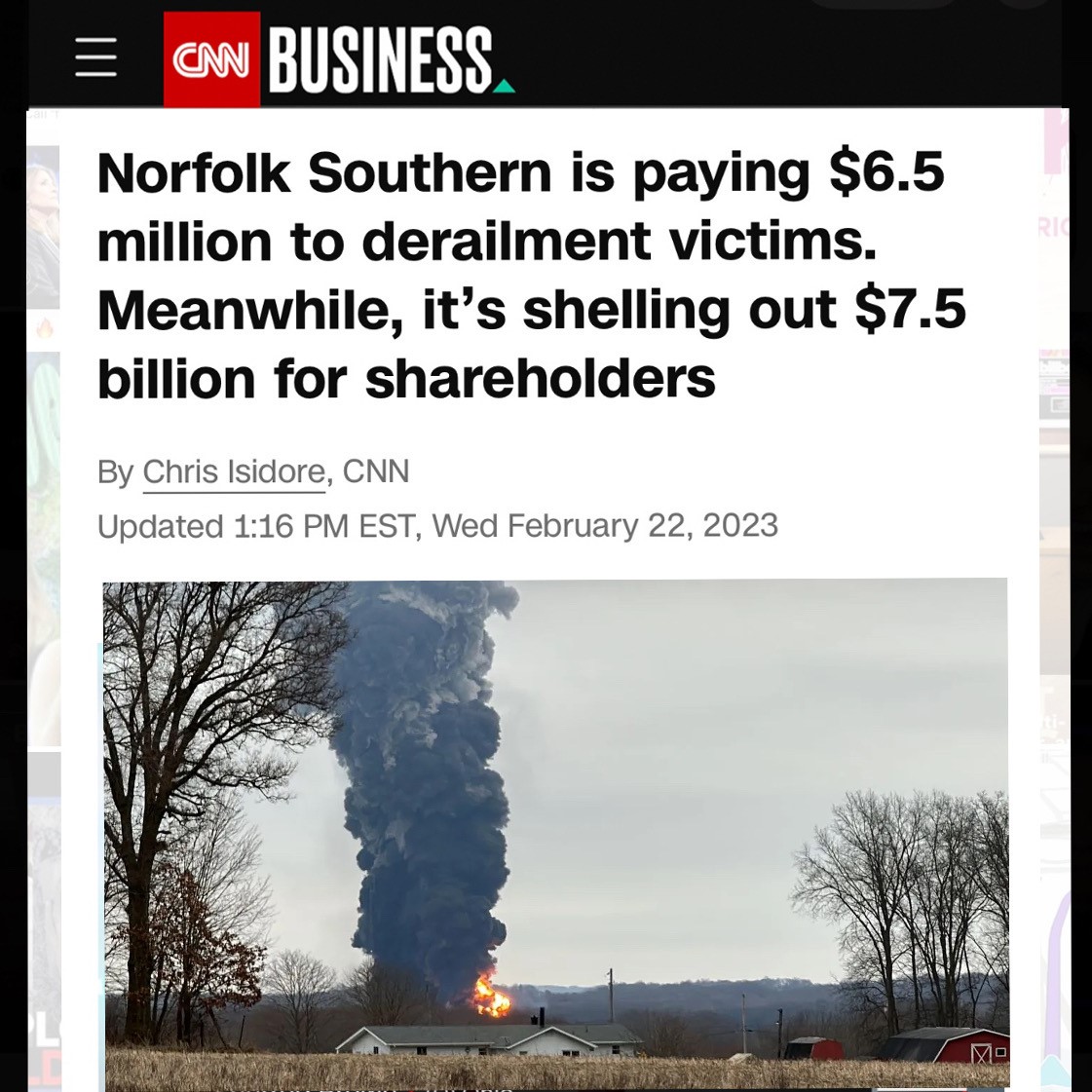 CAN BUSINESS Norfolk Southern is paying $6.5 million to derailment victims. Meanwhile, it's shelling out $7.5 billion for shareholders By Chris Isidore, CNN Updated 1:16 PM EST, Wed February 22, 2023 Mº RIC