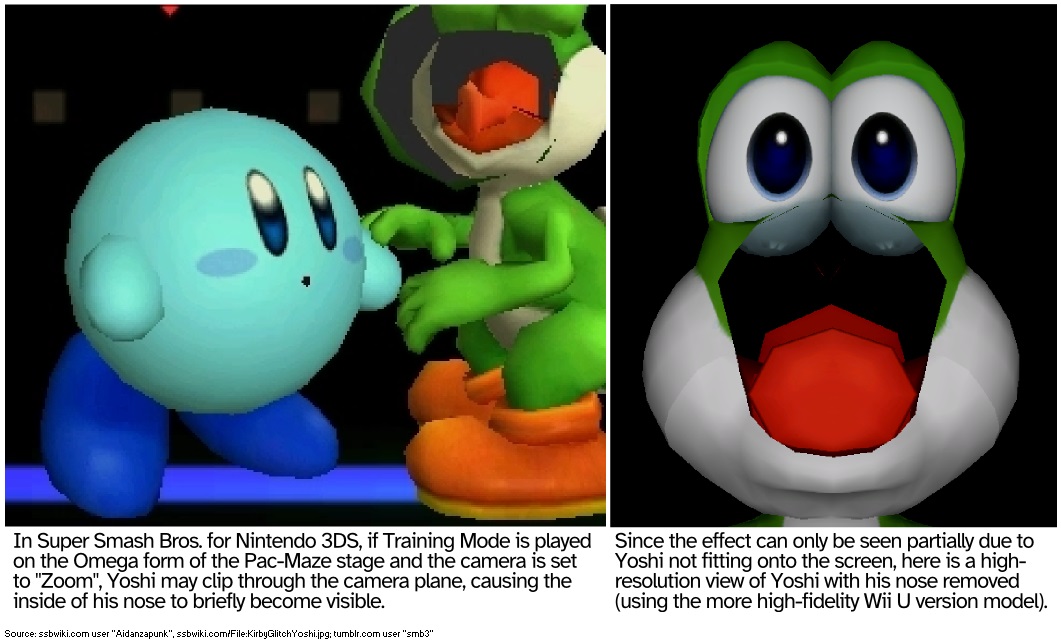 BO In Super Smash Bros. for Nintendo 3DS, if Training Mode is played on the Omega form of the Pac-Maze stage and the camera is set to "Zoom", Yoshi may clip through the camera plane, causing the inside of his nose to briefly become visible. Source: ssbwiki.com user "Aidanzapunk", ssbwiki.com/File:KirbyGlitchYoshi.jpg; tumblr.com user "smb3" Since the effect can only be seen partially due to Yoshi not fitting onto the screen, here is a high- resolution view of Yoshi with his nose removed (using the more high-fidelity Wii U version model).