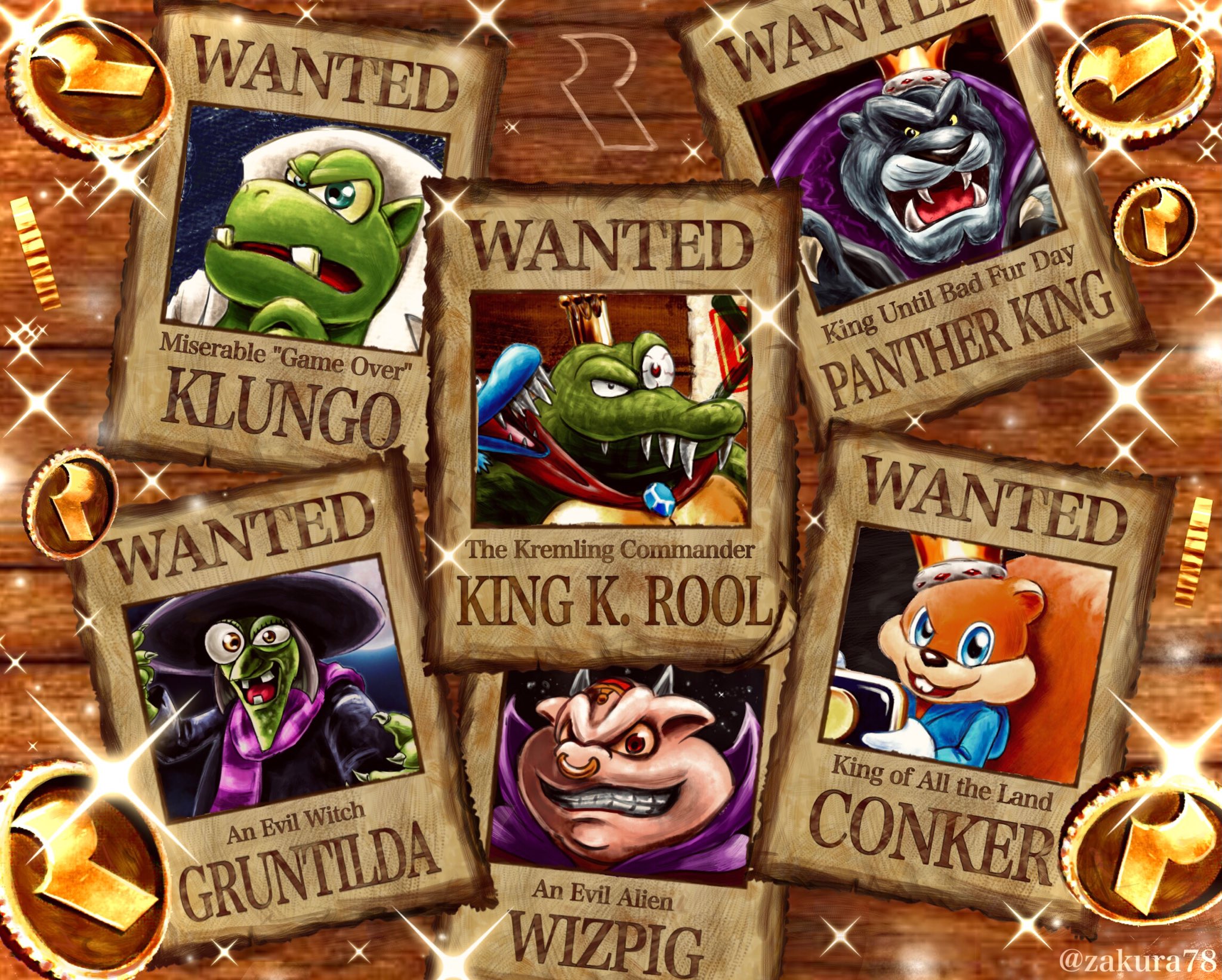 O www WANTED Miserable "Game Over" KLUNGO WANTED An Evil Witch GRUNTILDA 3 WANTED WAN The Kremling Commander KING K. ROOL $5 An Evil Alien WIZPIG King Until Bad Fur Day PANTHER KING WANTED King of All the Land CONKER @zakura78