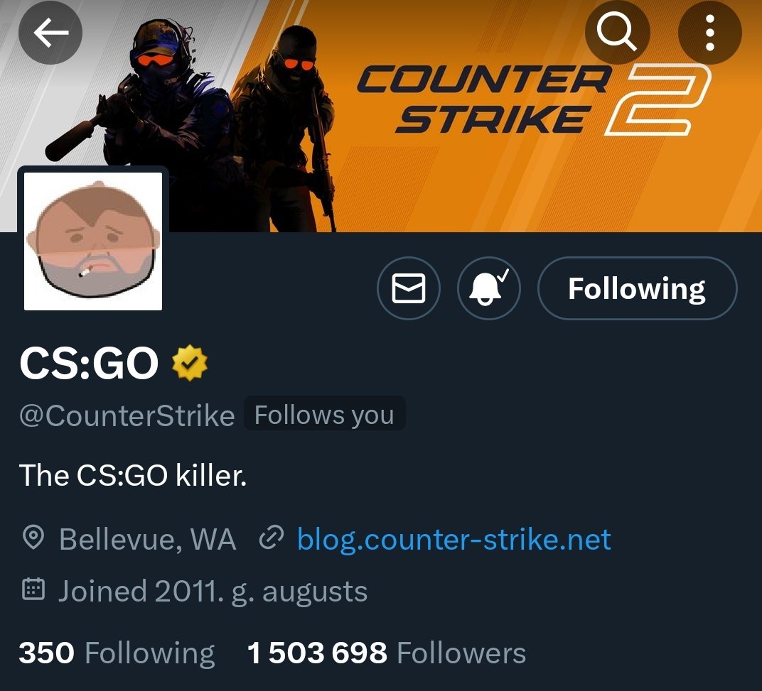 K Q 2 COUNTER STRIKE KI : Following CS:GO @CounterStrike Follows you The CS:GO killer. Bellevue, WA blog.counter-strike.net Joined 2011. g. augusts 350 Following 1503 698 Followers