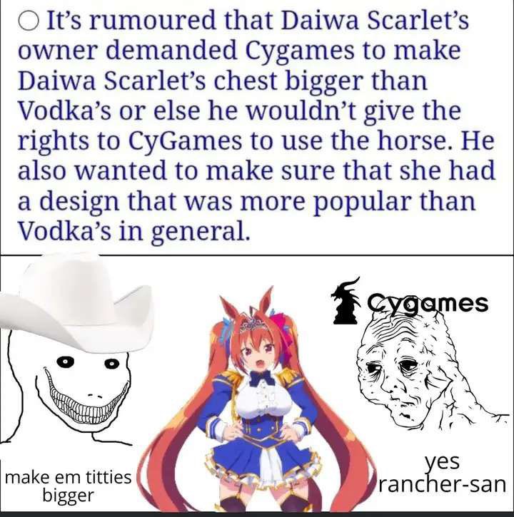 ○ It's rumoured that Daiwa Scarlet's owner demanded Cygames to make Daiwa Scarlet's chest bigger than Vodka's or else he wouldn't give the rights to CyGames to use the horse. He also wanted to make sure that she had a design that was more popular than Vodka's in general. make em t------ bigger Cygames yes rancher-san