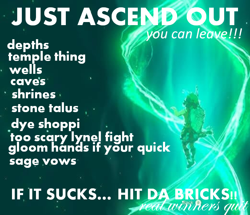 JUST ASCEND OUT you can leave!!! depths temple thing wells cave's shrines stone talus dye shoppi too scary lynel fight gloom hands if your quick sage vows IF IT SUCKS... HIT DA BRICKS!! real winners quit