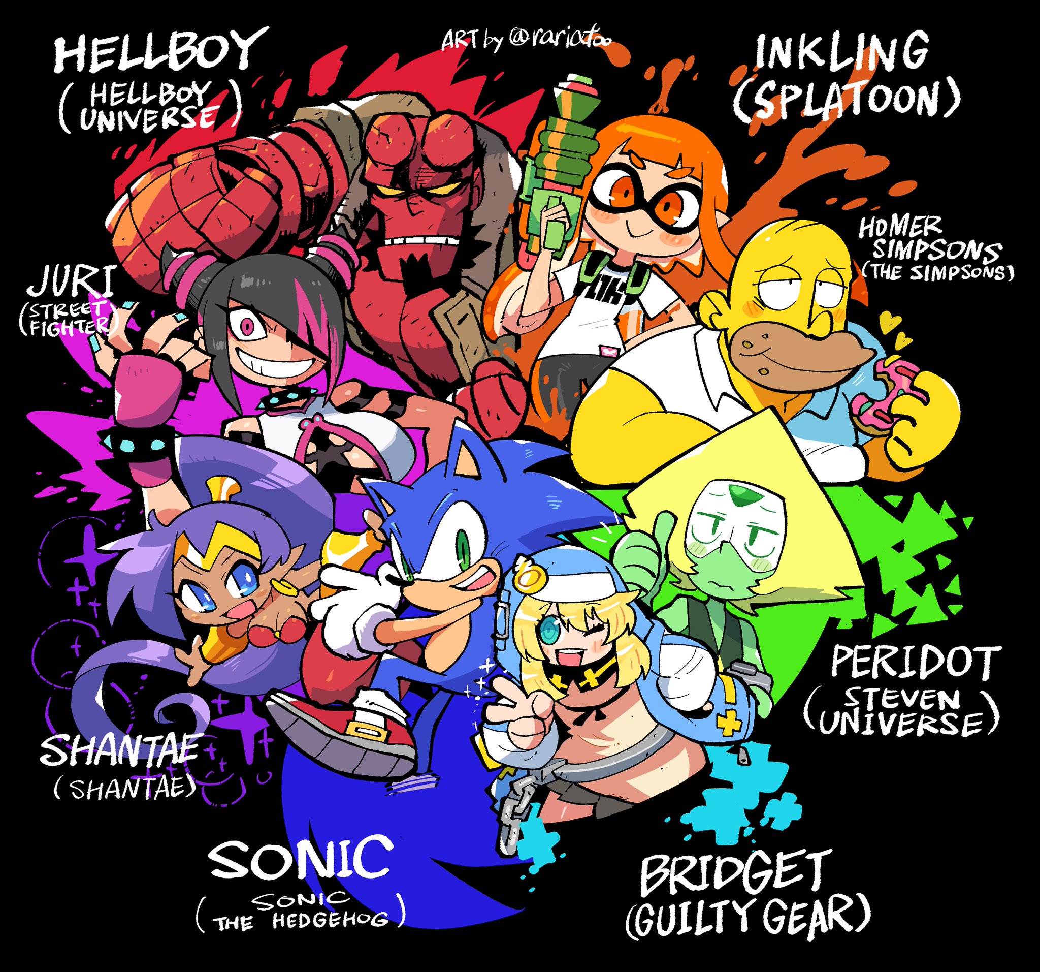 HELLBOY HELLBOY JURI STREET FIGHTER SHANTAE (SHANTAE) + SONIC SONIC THE HEDGEHOG (Thi ART by @rariato. ATIS INKLING (SPLATOON) HOMER SIMPSONS (THE SIMPSONS) PERIDOT STEVEN UNIVERSE) CUNO BRIDGET (GUILTY GEAR)