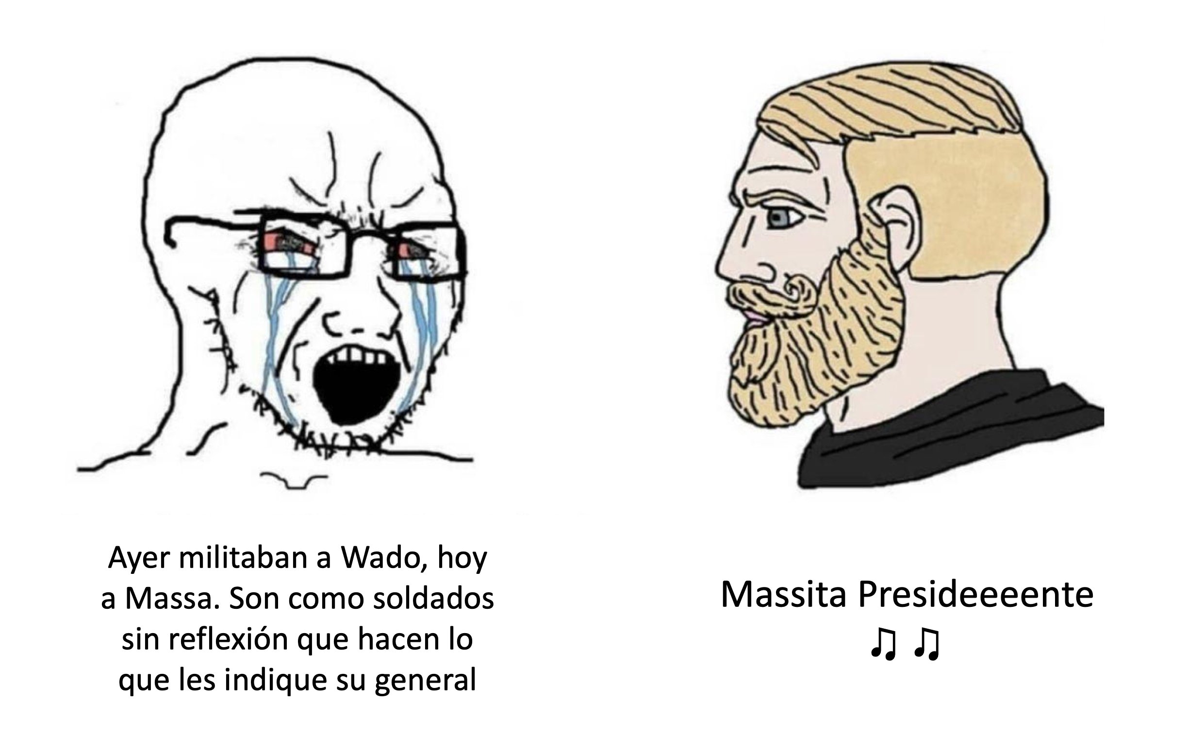 When the Wado de Pedro/Juan Manzur team was announced as the mainline candidates for the Union for the Homeland (<i>Unión por la Patria</i>), the creator of this meme promoted them constantly. Two days later, the main candidates were revealed to be Sergio Massa and Agustín Rossi, and so he quickly changed his tune just like nothing has ever happened. This is the meme he made to cope with this change of plans.