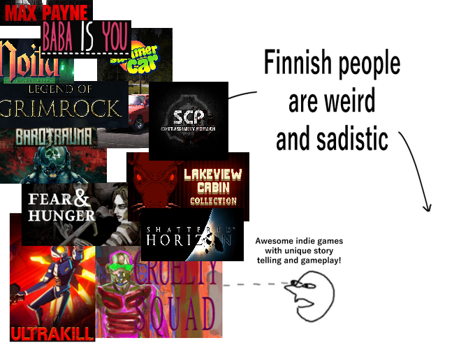 MAX PAYNE BABA IS YOU Noitu AUAJVESKE OPPA LEGEND OF GRIMROCK BAROTRAUMA FEAR & HUNGER DW ULTRAKILL mer SCP CHITASARY FORCH LAKEVIEW CABIN COLLECTION SHATTERED HORIZON CRUELTY QUAD Finnish people are weird and sadistic Awesome indie games with unique story telling and gameplay! 3