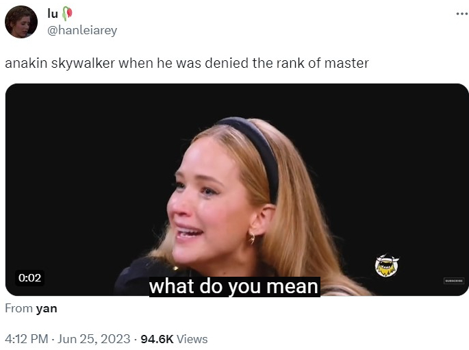 anakin skywalker when he was denied the rank of master Jennifer