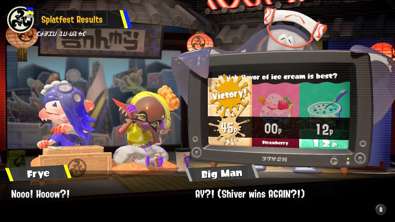 Splatfest Results CHFIU AU UZ C Frye Nooo! Hooow?! FO layer of ice cream is best? Victory! 45p3 00p Strawberry 当刀汁三元 Big Man AY?! (Shiver wins AGAIN?!) 12p A