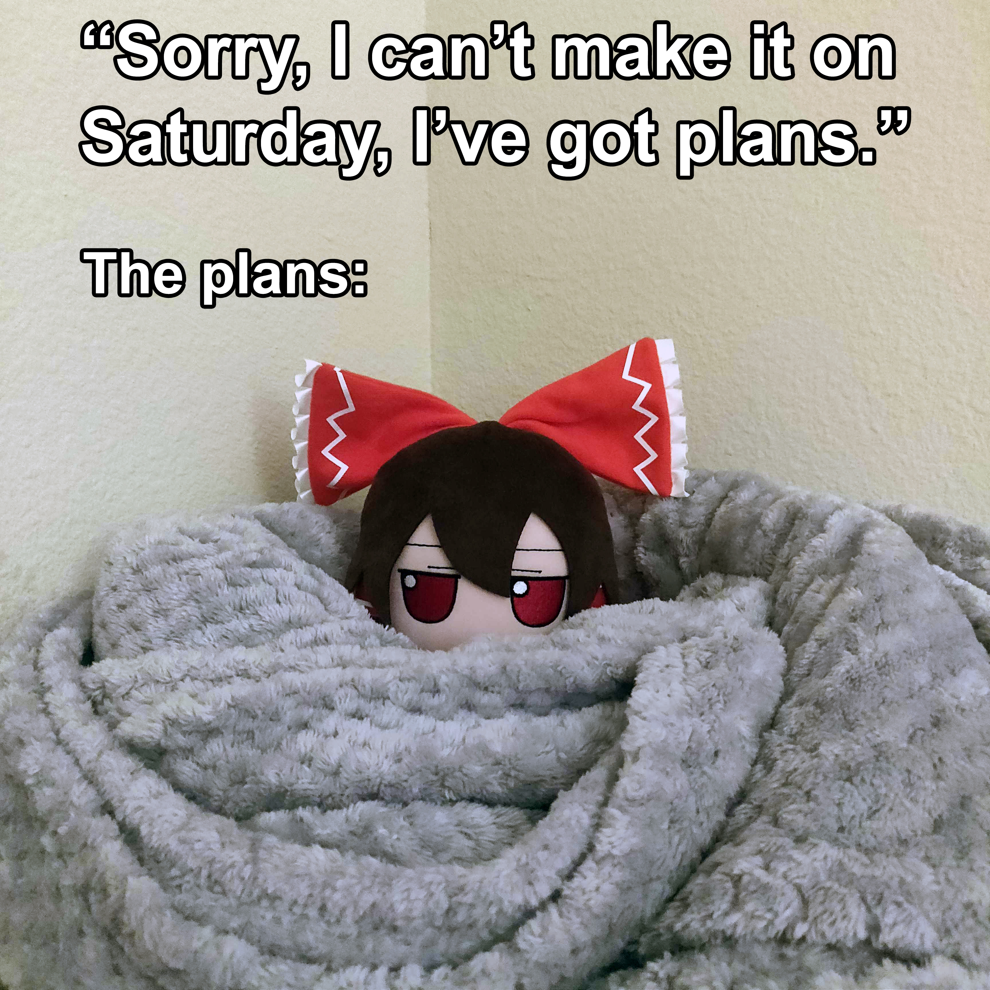 "Sorry, I can't make it on Saturday, I've got plans." The plans: