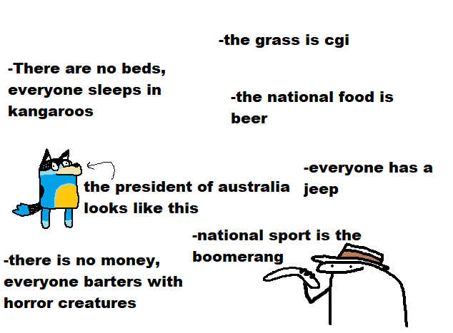 -There are no beds, everyone sleeps in kangaroos -the grass is cgi -there is no money, everyone barters with horror creatures -the national food is beer -everyone has a the president of australia jeep looks like this -national sport is the boomerang