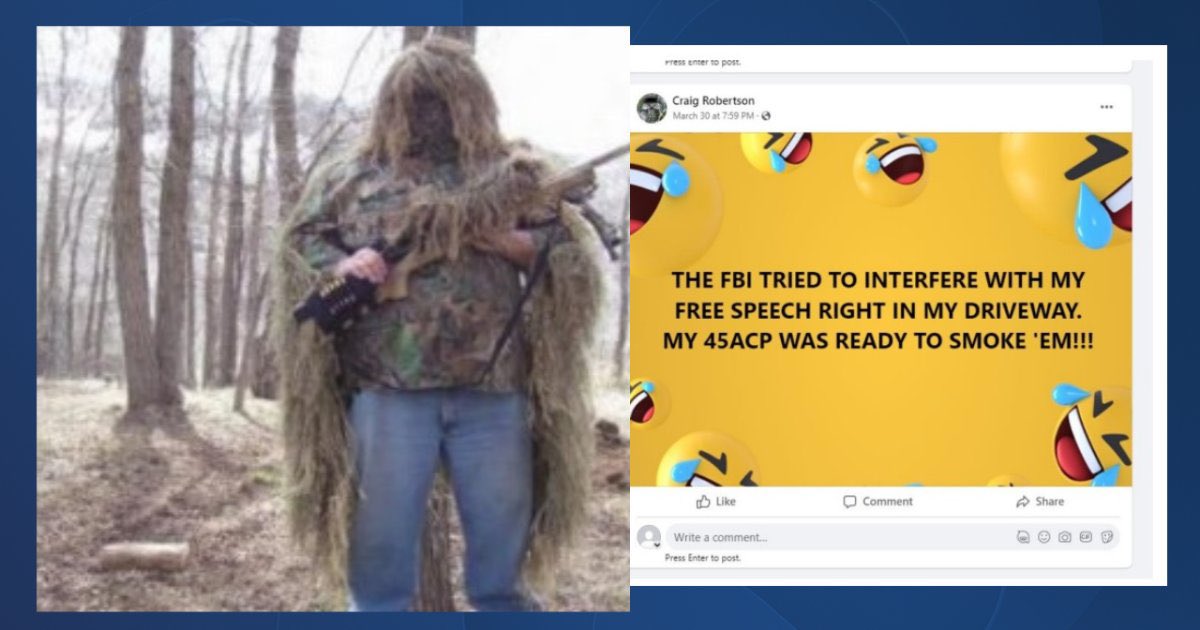 Press enter to post. Craig Robertson March 30 at 7:59 PM-O THE FBI TRIED TO INTERFERE WITH MY FREE SPEECH RIGHT IN MY DRIVEWAY. MY 45ACP WAS READY TO SMOKE 'EM!!! Like Write a comment... Press Enter to post. Comment Share @ 00: