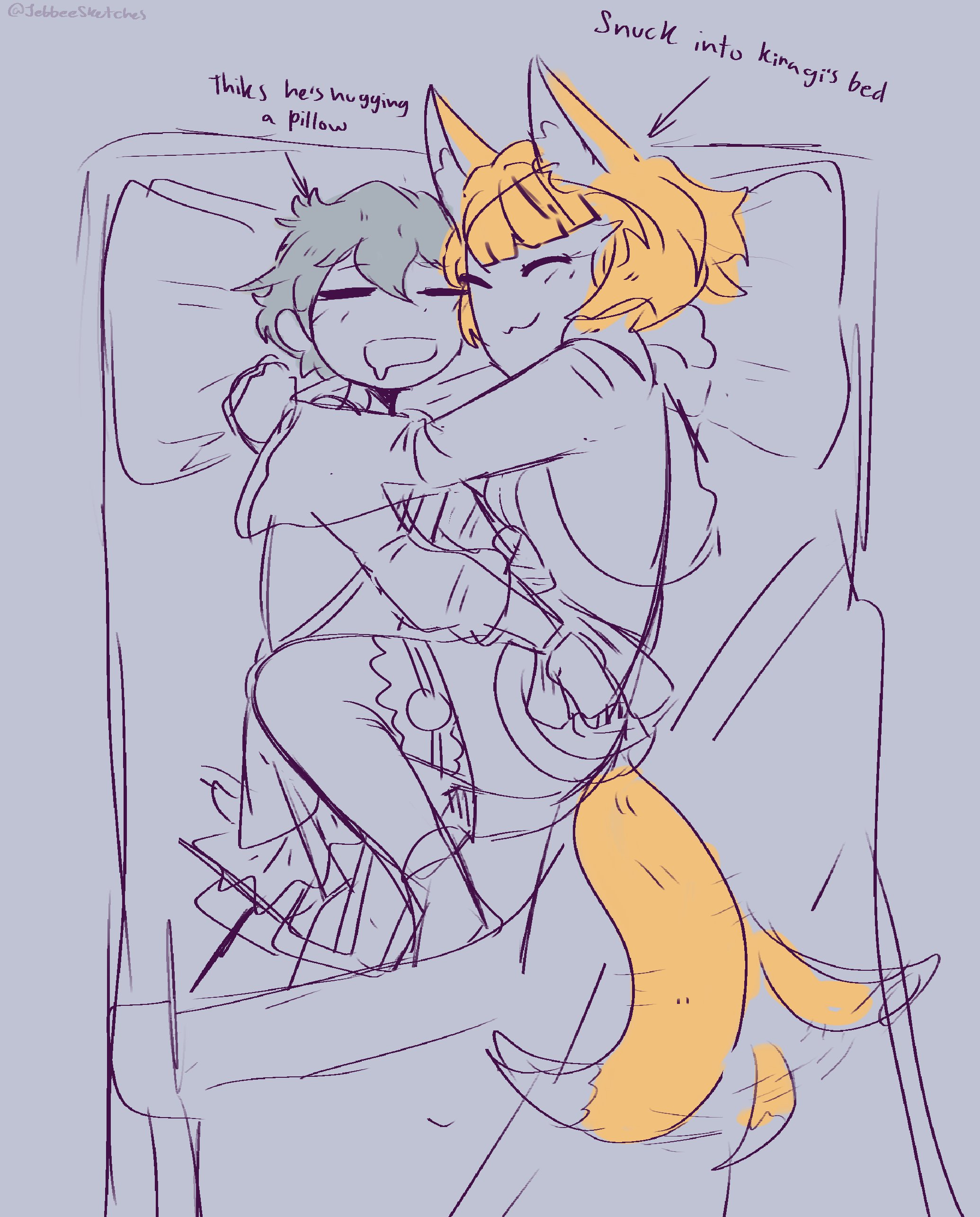 @Jebbee Sketches Thiks he's hugging Pillow a ( Snuck into kiragi's bed