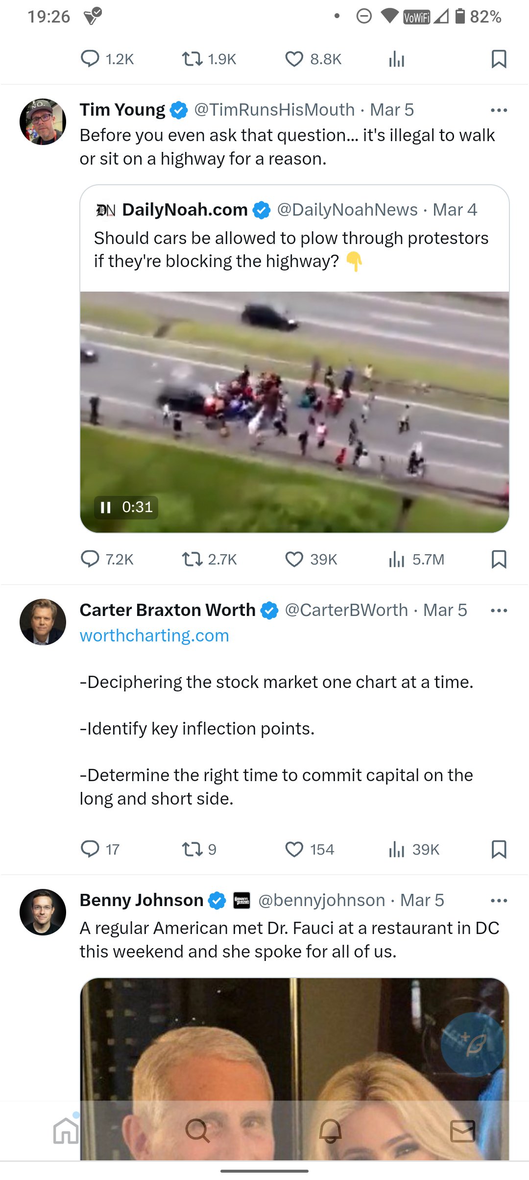 19:26 O. 1.2K II 0:31 1.9K 7.2K Tim Young @TimRunsHisMouth. Mar 5 Before you even ask that question... it's illegal to walk or sit on a highway for a reason. 2.7K Carter Braxton Worth worthcharting.com ON Daily Noah.com @DailyNoahNews. Mar 4 Should cars be allowed to plow through protestors if they're blocking the highway? 17 8.8K 179 VoWiFi 39K la BENNY parow -Deciphering the stock market one chart at a time. 82% @CarterBWorth. Mar 5 -Identify key inflection points. -Determine the right time to commit capital on the long and short side. 154 □ ılı 5.7M D ₁39K ... ... □ Benny Johnson @bennyjohnson. Mar 5 A regular American met Dr. Fauci at a restaurant in DC this weekend and she spoke for all of us.