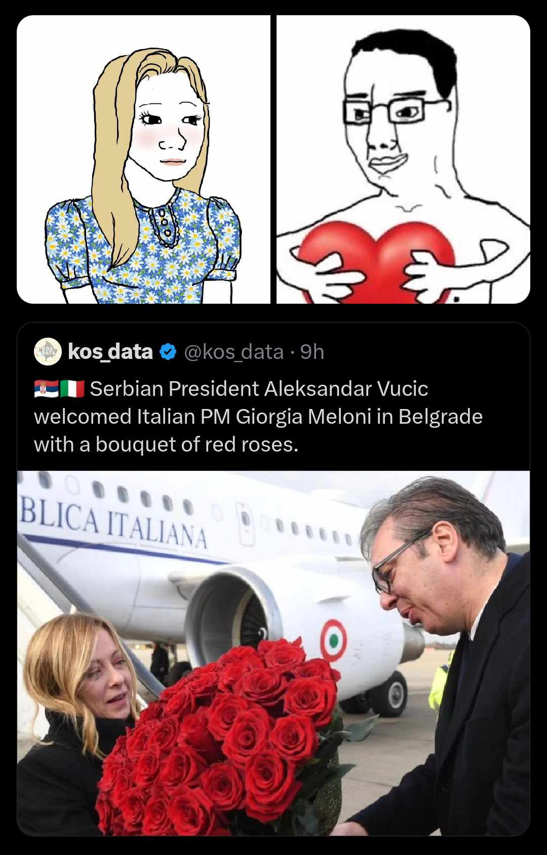 kos_data @kos_data 9h Serbian President Aleksandar Vucic welcomed Italian PM Giorgia Meloni in Belgrade with a bouquet of red roses. BLICA ITALIANA ● Vh