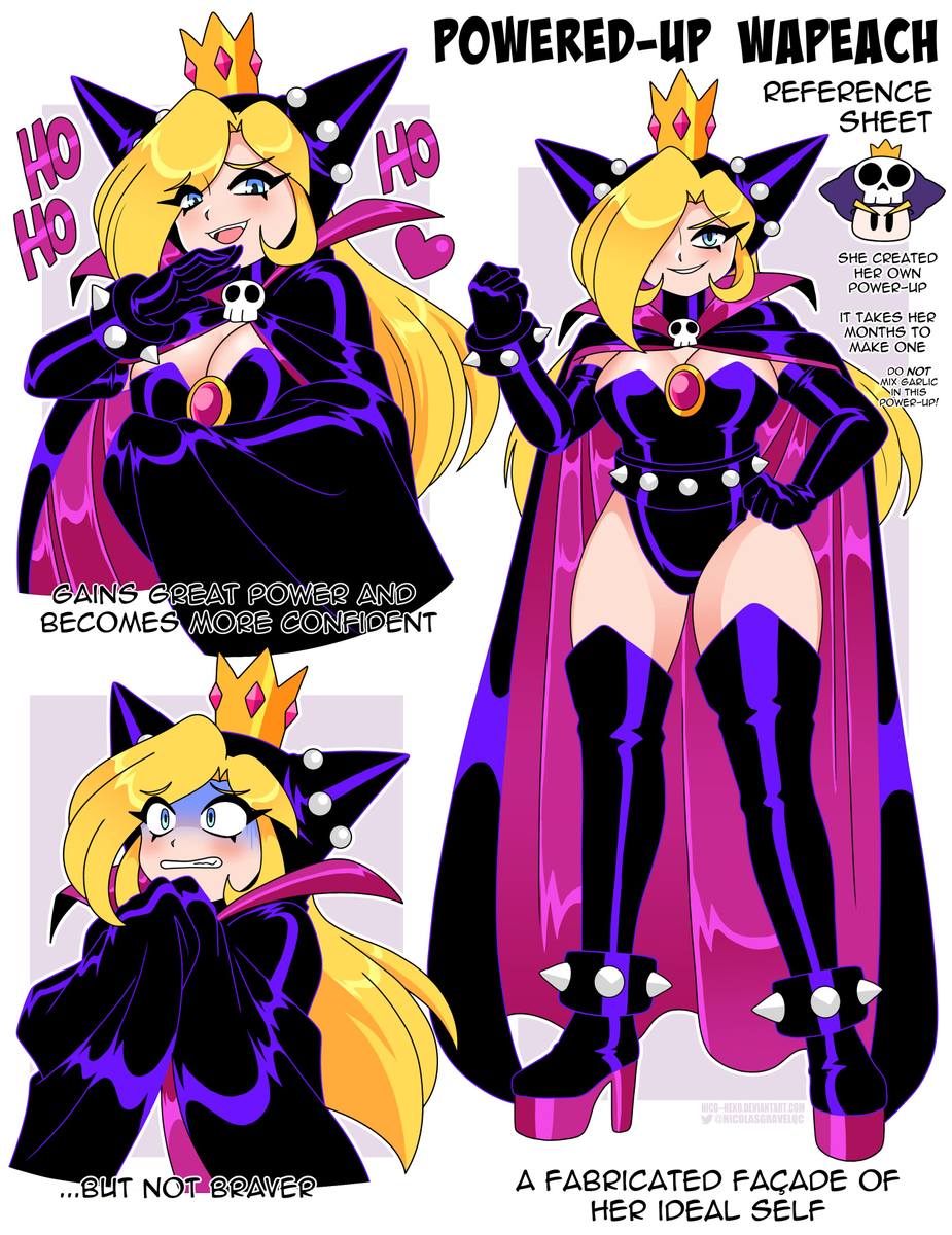 HO HO POWERED-UP WAPEACH REFERENCE SHEET ....BUT NOT BRAVER HO GAINS GREAT POWER AND BECOMES MORE CONFIDENT NICO-NEKO.DEVIANTART.COM @NICOLASGRAVELOC SHE CREATED HER OWN POWER-UP IT TAKES HER MONTHS TO MAKE ONE DO NOT MIX GARLIC IN THIS POWER-UP! A FABRICATED FAÇADE OF HER IDEAL SELF