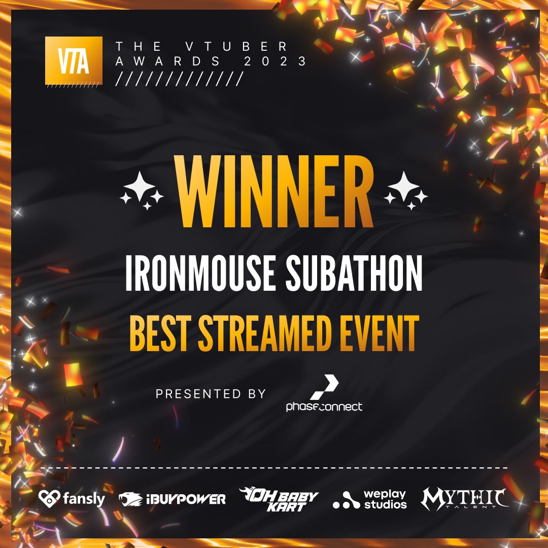 VIA fansly ΤΗΕ V TUBER AWARDS /// 2023 // WINNER IRONMOUSE SUBATHON BEST STREAMED EVENT PRESENTED BY ¡BUYPOWER phase connect OH BABY weplay MYTHIC KART studios