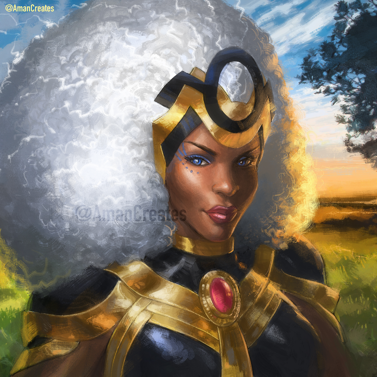 I must say, big, natural textured hair Storm looks amazing. I get Mohawk Storm is an icon, but I'd love to see her with different kinky/afro-textured hair styles in comics.
Art by Aman Chaudhary @AmanCreates on Twitter, click that link and support him. "Instagram link to the same artwork here":https://www.instagram.com/p/CJHJZuXBSv-/.