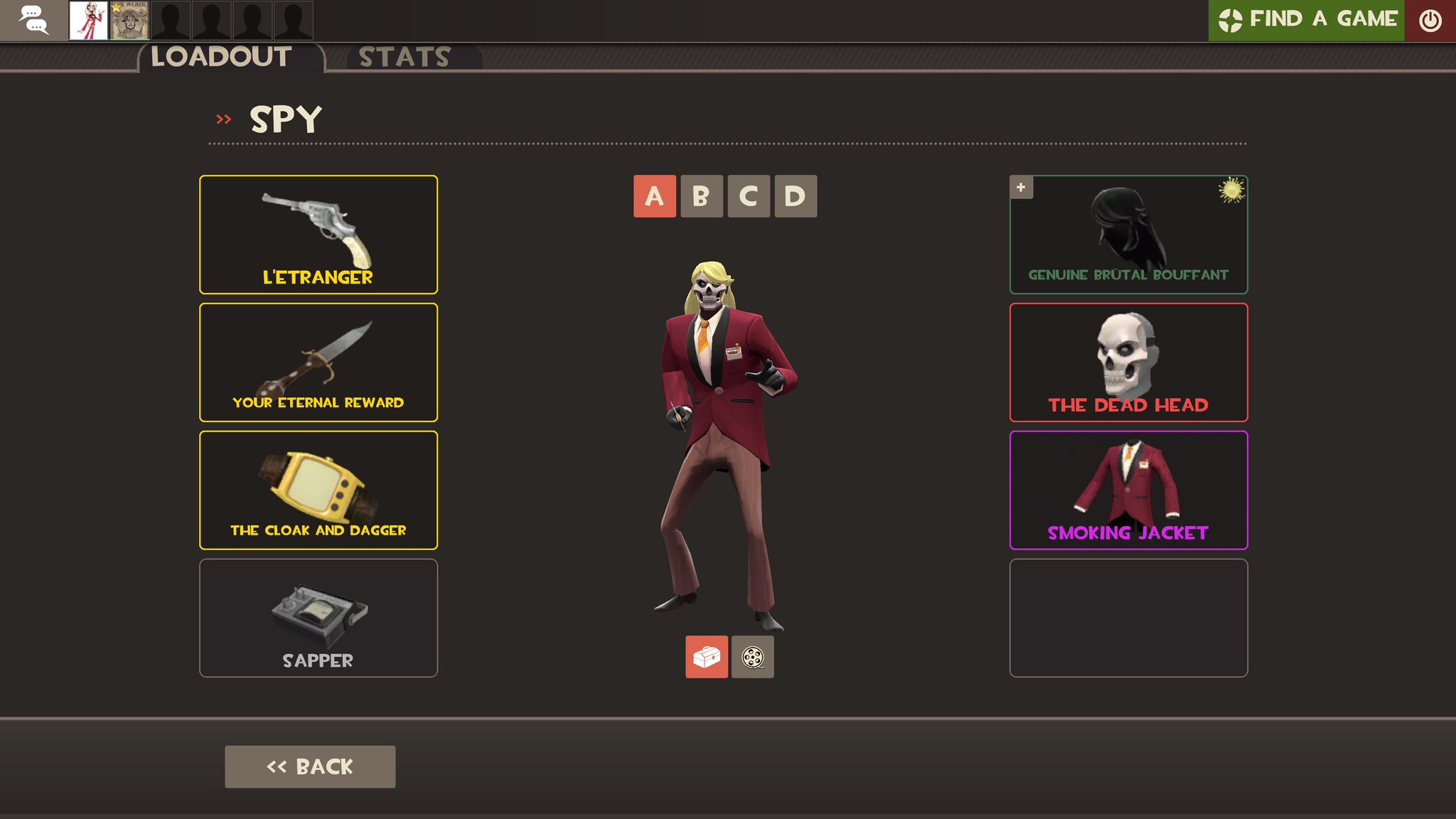 QE WORK llll LOADOUT >> SPY L'ETRANGER STATS YOUR ETERNAL REWARD THE CLOAK AND DAGGER SAPPER << BACK ABCD 17 + GENUINE BRUTAL BOUFFANT THE DEAD HEAD SMOKING JACKET FIND A GAME