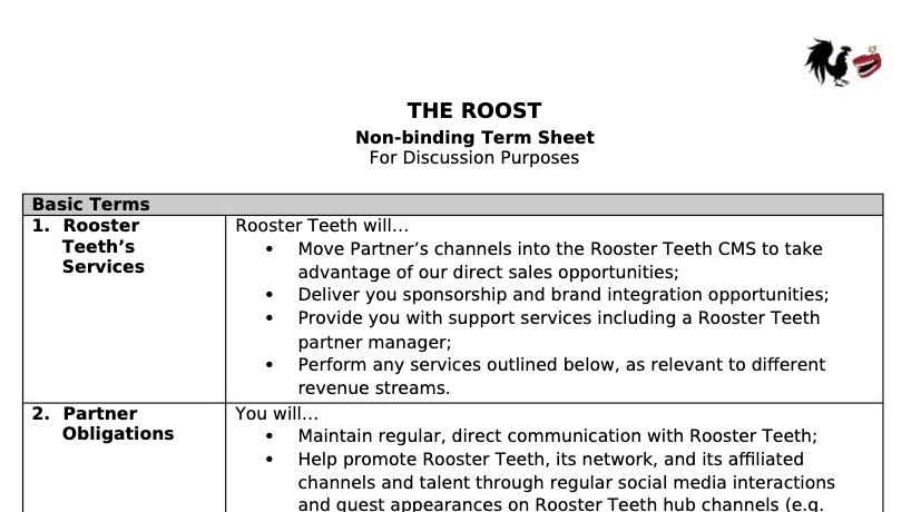 Basic Terms 1. Rooster Teeth's Services 2. Partner Obligations Rooster Teeth will... THE ROOST Non-binding Term Sheet For Discussion Purposes You will... . Move Partner's channels into the Rooster Teeth CMS to take advantage of our direct sales opportunities; Deliver you sponsorship and brand integration opportunities; Provide you with support services including a Rooster Teeth partner manager; Perform any services outlined below, as relevant to different revenue streams. Maintain regular, direct communication with Rooster Teeth; Help promote Rooster Teeth, its network, and its affiliated channels and talent through regular social media interactions and quest appearances on Rooster Teeth hub channels (e.q.