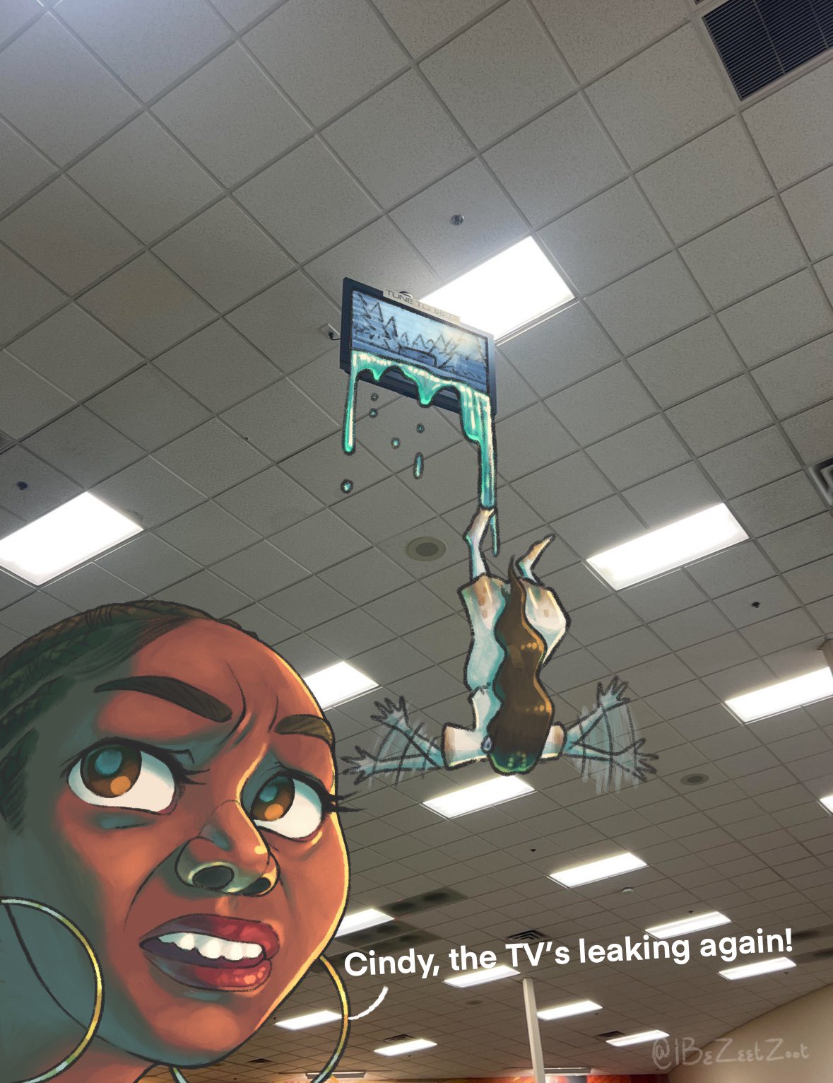 “Cindy, the TVs leaking!” Sadako Ceiling TV Redraws Know Your Meme