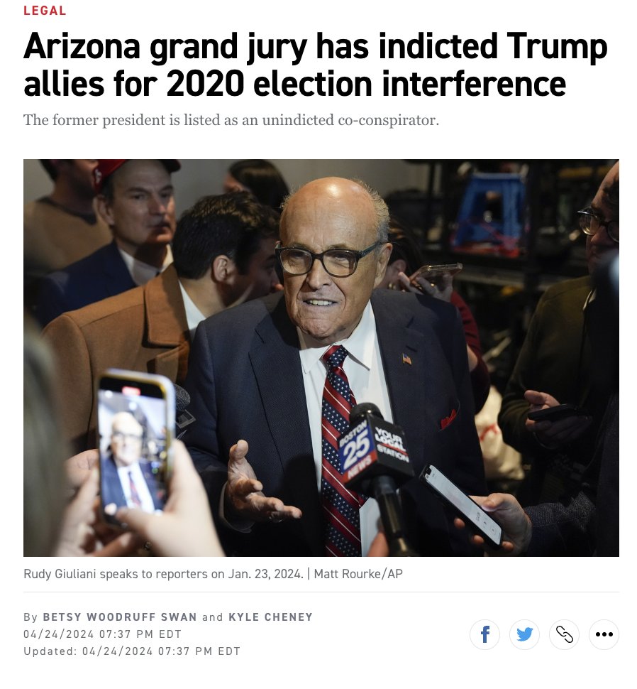 LEGAL Arizona grand jury has indicted Trump allies for 2020 election interference The former president is listed as an unindicted co-conspirator. BOSTON Rudy Giuliani speaks to reporters on Jan. 23, 2024. | Matt Rourke/AP By BETSY WOODRUFF SWAN and KYLE CHENEY 04/24/2024 07:37 PM EDT Updated: 04/24/2024 07:37 PM EDT STATION دی