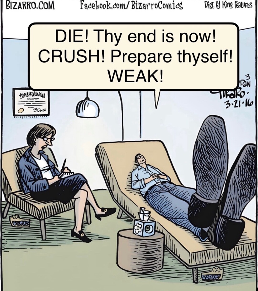 BIZARRO.COM Facebook.com/BizarroComics Dist. by King Features DIE! Thy end is now! CRUSH! Prepare thyself! 322 WEAK! 3 DAN Tikako. 3.21-16