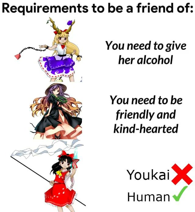 Requirements to be a friend of: You need to give her alcohol You need to be friendly and kind-hearted Youkai☑ Human