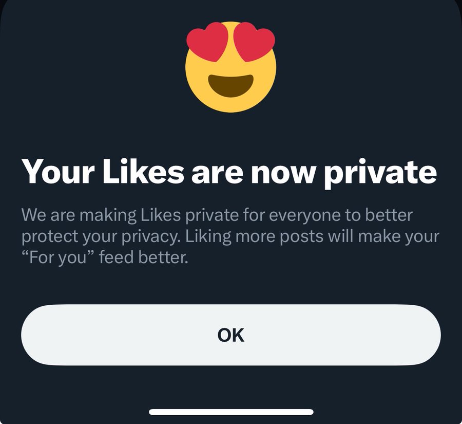 Your Likes are now private We are making Likes private for everyone to better protect your privacy. Liking more posts will make your "For you" feed better. OK