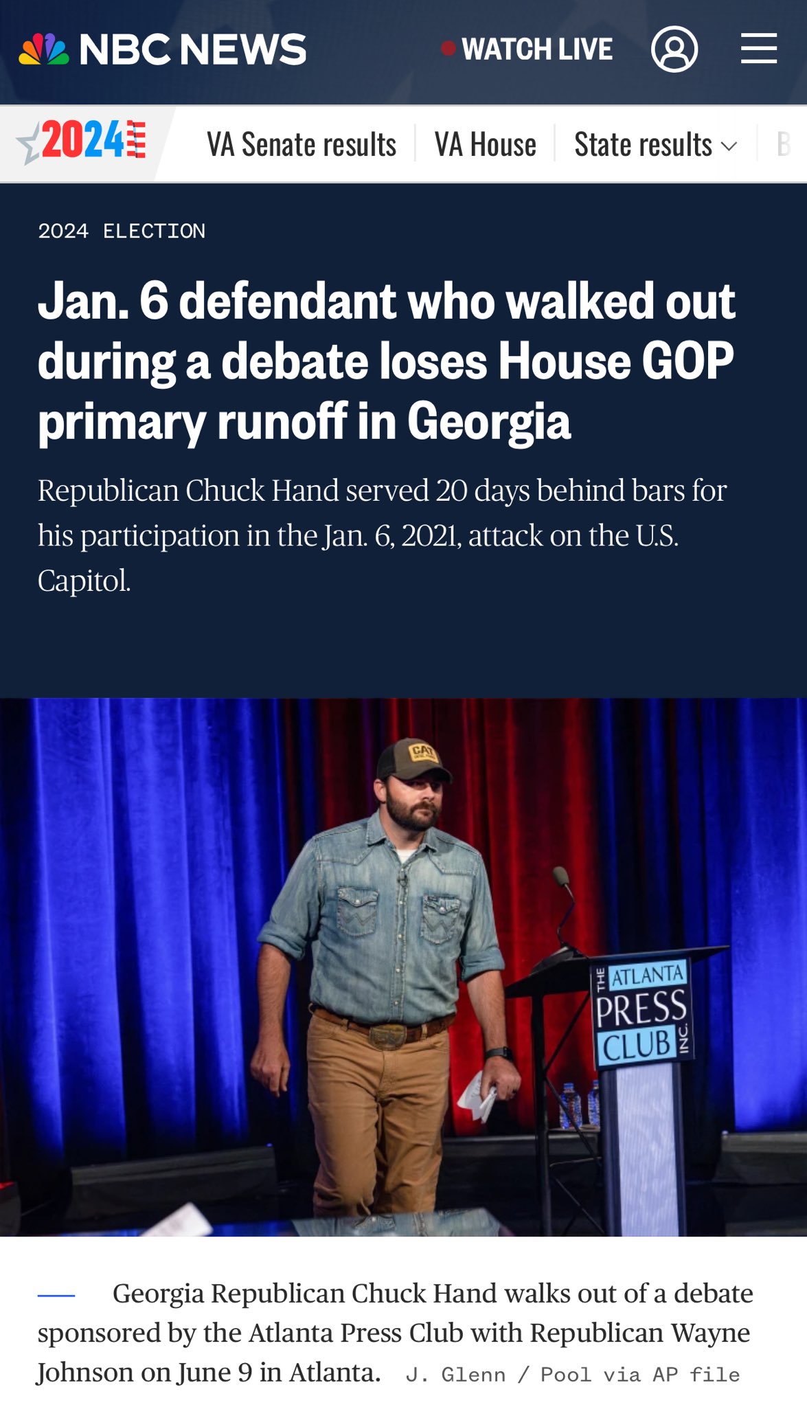 <a href="https://www.nbcnews.com/politics/2024-election/georgia-2nd-district-gop-runoff-jan-6-rioter-chuck-hand-rcna157221">Jan. 6 defendant who walked out during a debate loses House GOP primary runoff in Georgia</a>