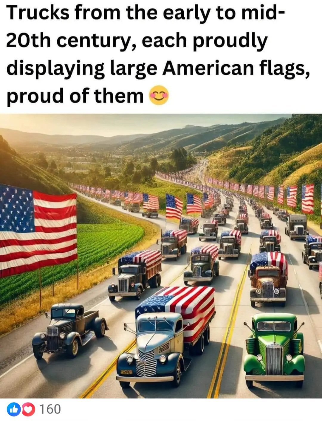 Trucks from the early to mid- 20th century, each proudly displaying large American flags, proud of them 160 KA