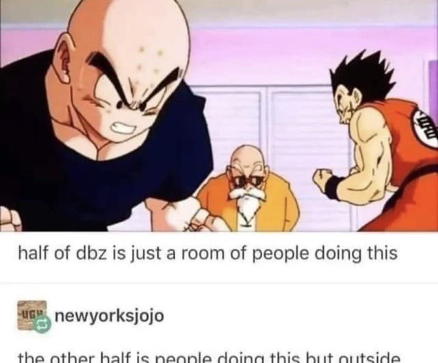 half of dbz is just a room of people doing this UGH newyorksjojo the other half is people doing this but outside